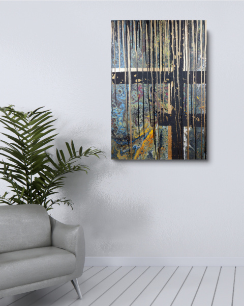 Obraz abstrakcyjny akryl na płótnie, geometryczny, nowoczesny styl w przykładowej aranżacji w salonie