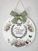 Zawieszka "Home Sweet Home" z kokardą i kwiatami decoupage